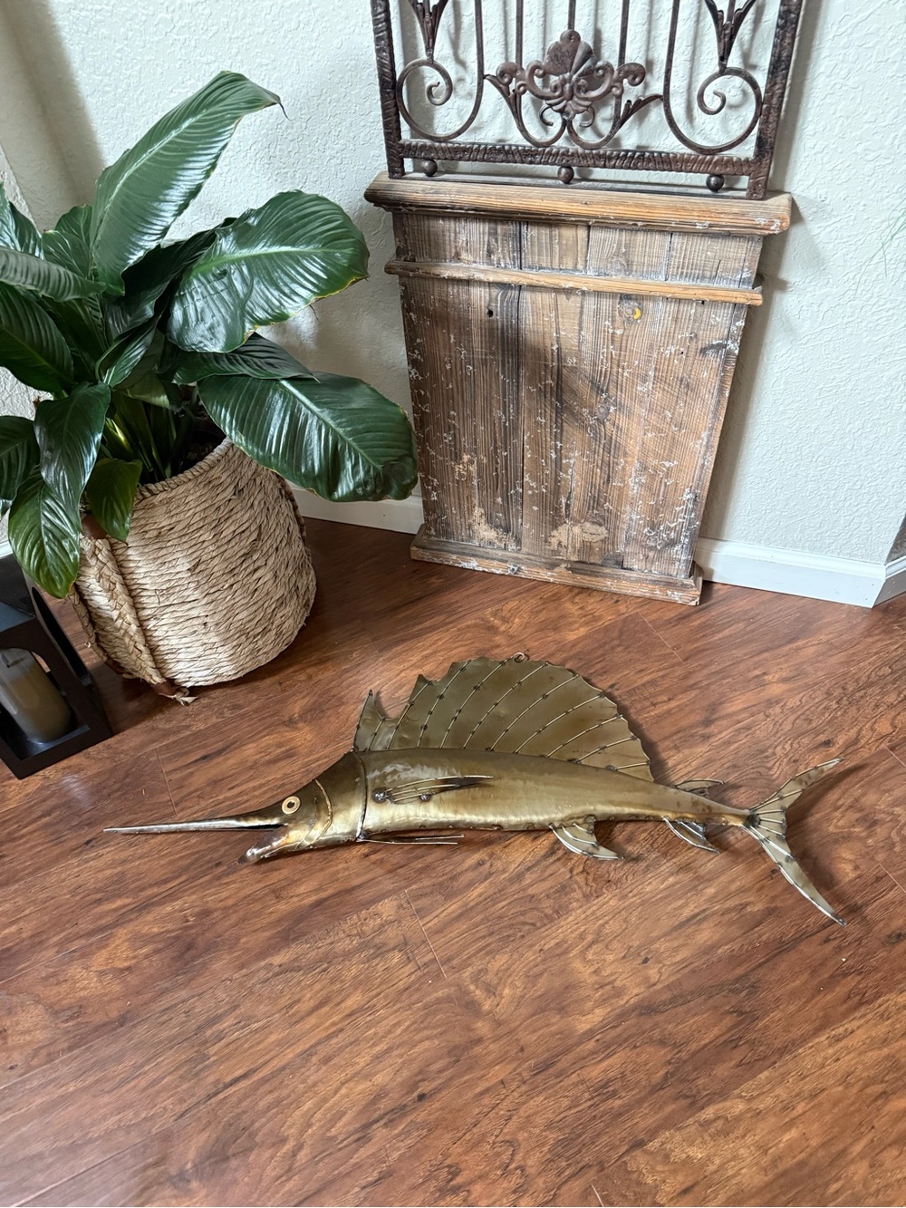 Metal Sailfish Wall Sculpture Brass Color  38 In.  Coastal Folk Art